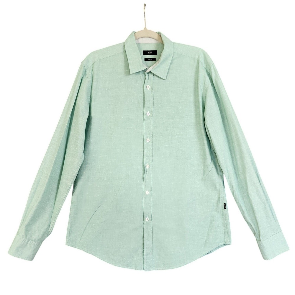 Hugo Boss Mens Slim Fit Dress Shirt‎ Size Large Ice Washed Mint Green White